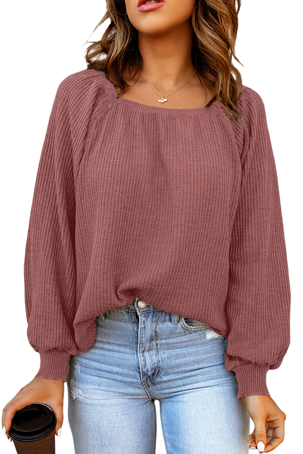 Brown Waffle Texture Casual Square Neck Pullover Top