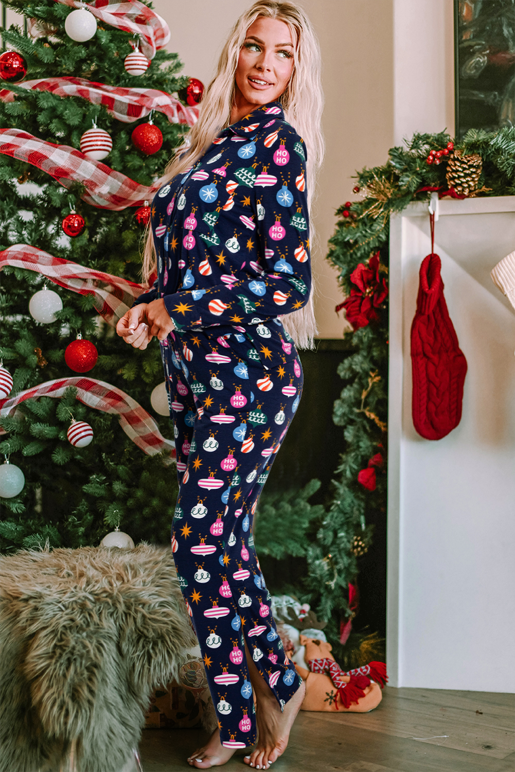 Christmas Lights Print Collared Neck Top and Pants Set