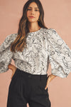 Beige Abstract Print Balloon Sleeve Crew Neck Blouse