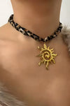 Gold Sun Pendant Leopard Print Scarf Necklace