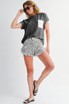 Dark Blue Corded Knit Color Block Pocketed Crew Neck T Shirt