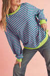 Blue Stripe Contrast Edge Cross Seam Oversized Pullover