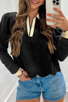 Black Scallop Trim Colorblock Long Sleeve Collared Top