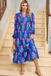 Blue Floral Print Pop of Color Neckline Long Sleeve Midi Dress