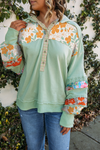 Clearly Aqua Lace Floral Patchwork Hooded Henley Top