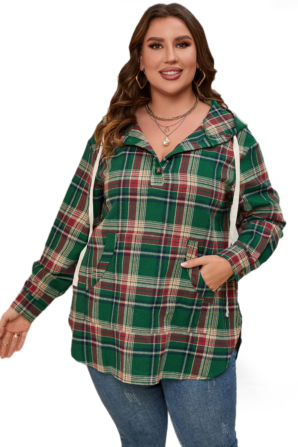 Green Plaid Plus Size Kangaroo Pocket Drawstring Hoodie