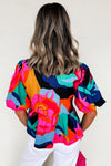 Red Abstract Print Tie Front Puff Sleeve Babydoll Blouse