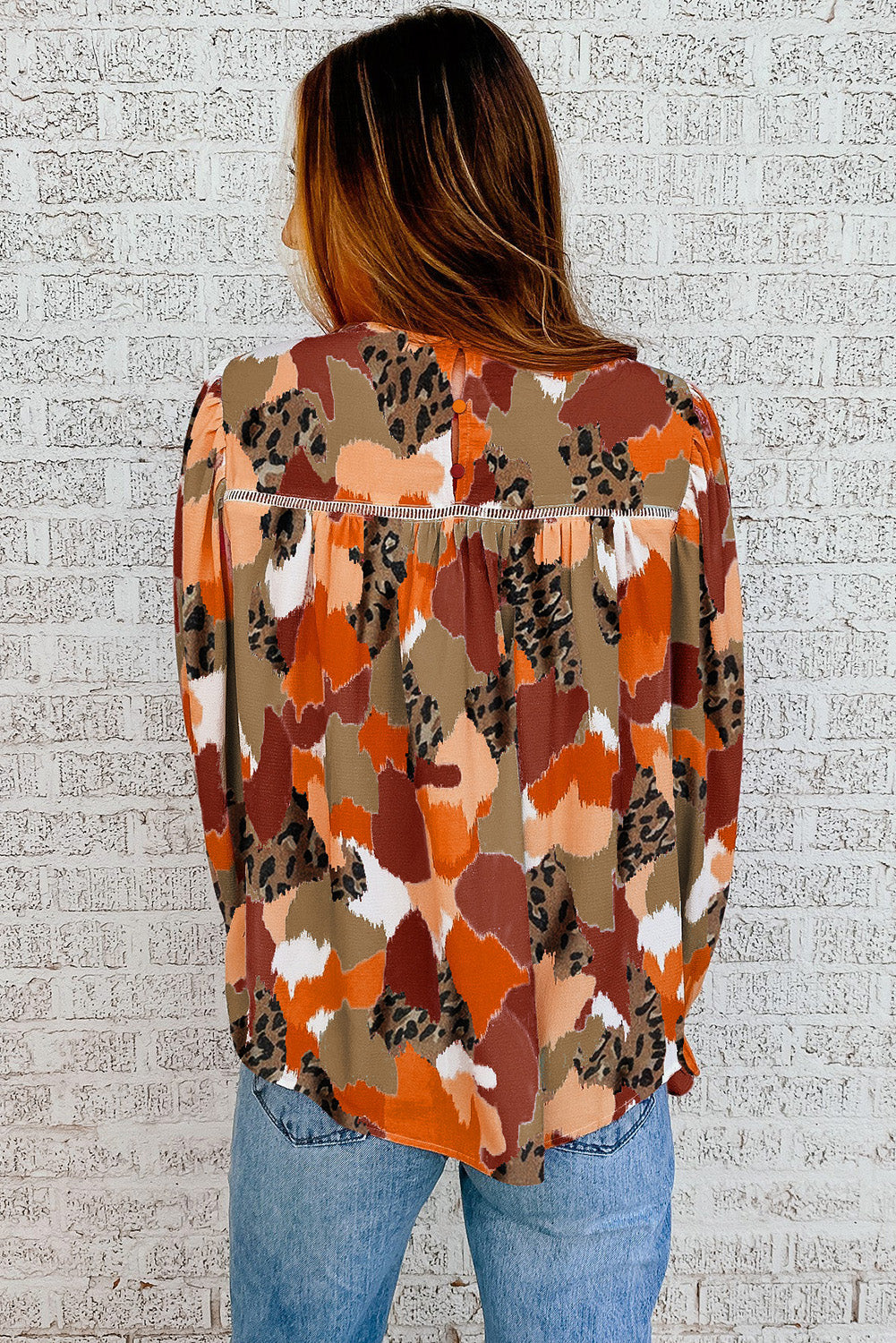 Multicolor Abstract Print Boho Frill Long Sleeve Blouse