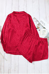 Red Leopard Satin Long Sleeve Top & Shorts Loungewear Set