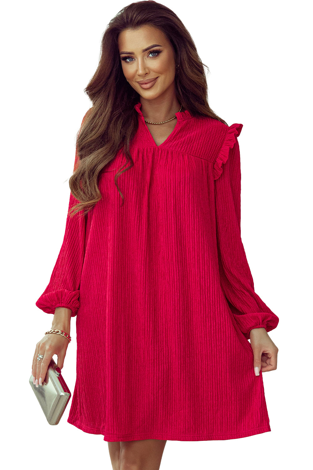 Fiery Red Frill Trim V Neck Loose Fit Ribbed Mini Dress