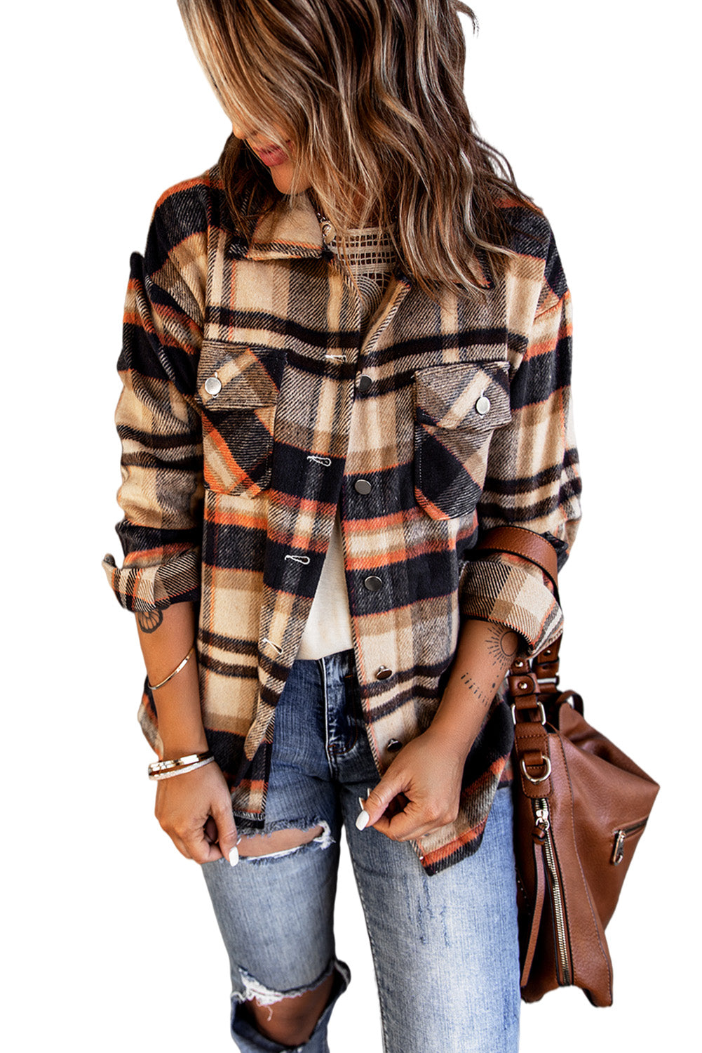 Brown Plaid Button Up Long Sleeve Flannel Shacket