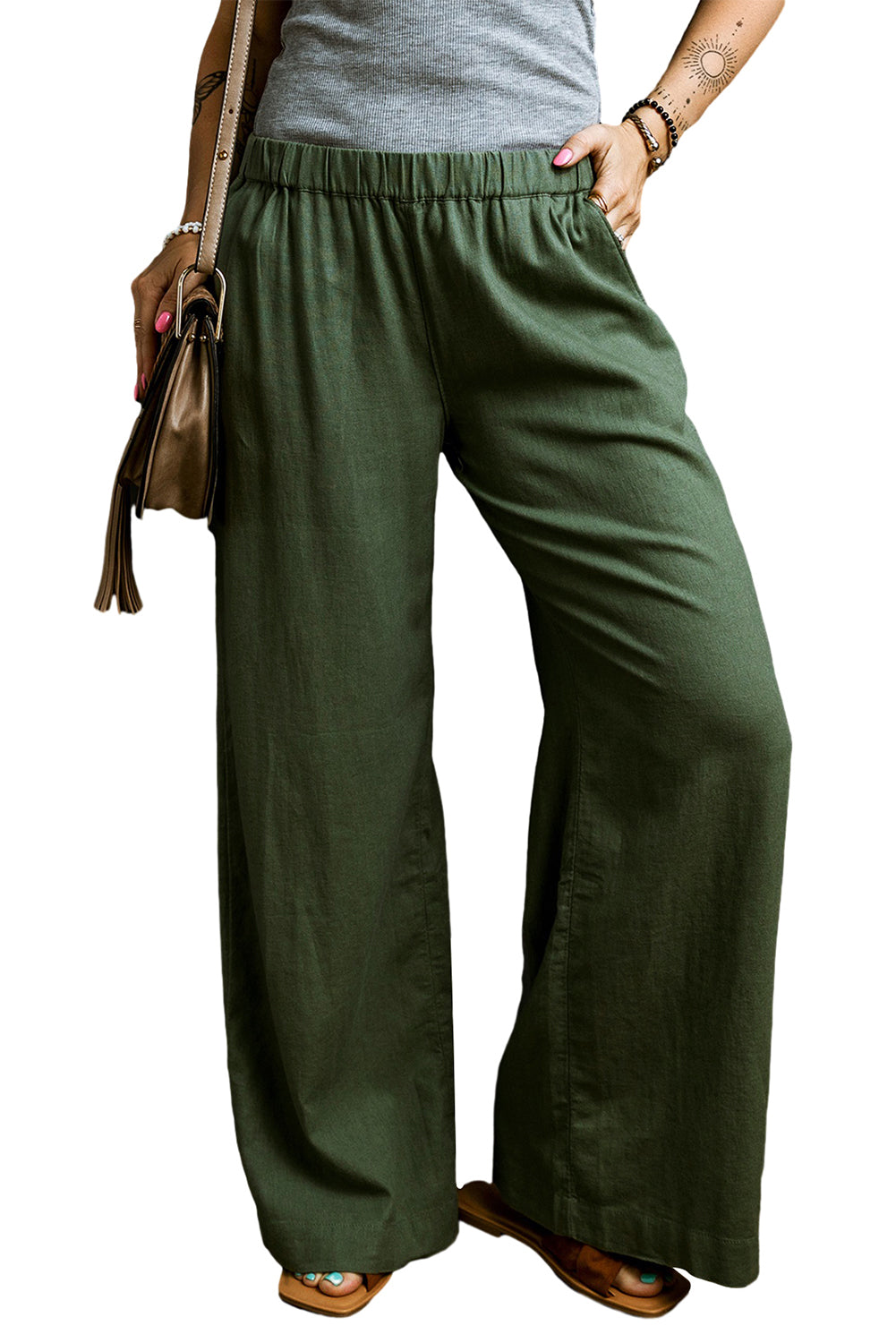 Fern Green Elastic Waist Plain Wide Leg Pants