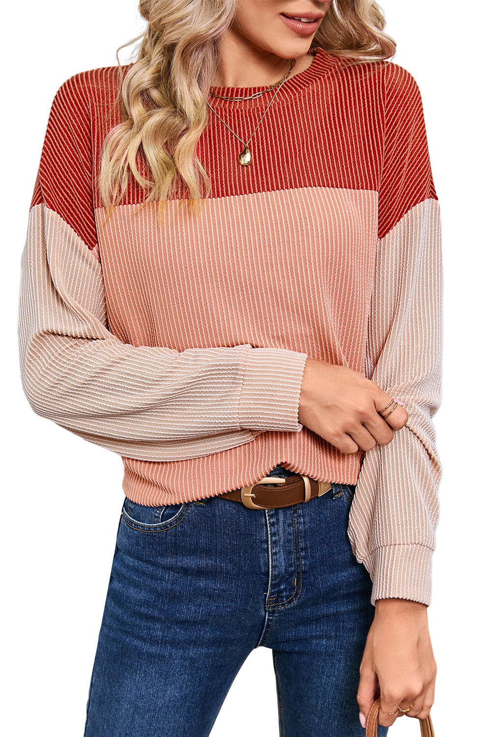 Red Color Block Ribbed Loose Long Sleeve Top