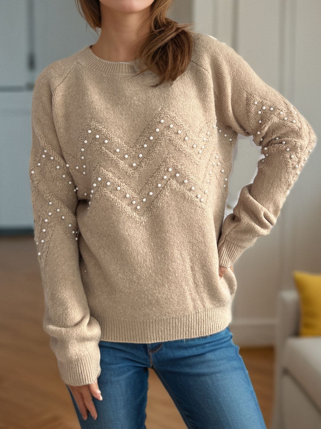 Pearl Trim Round Neck Raglan Sleeve Sweater