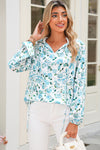 Sky Blue Boho Floral Print Long Sleeve V Neck Blouse