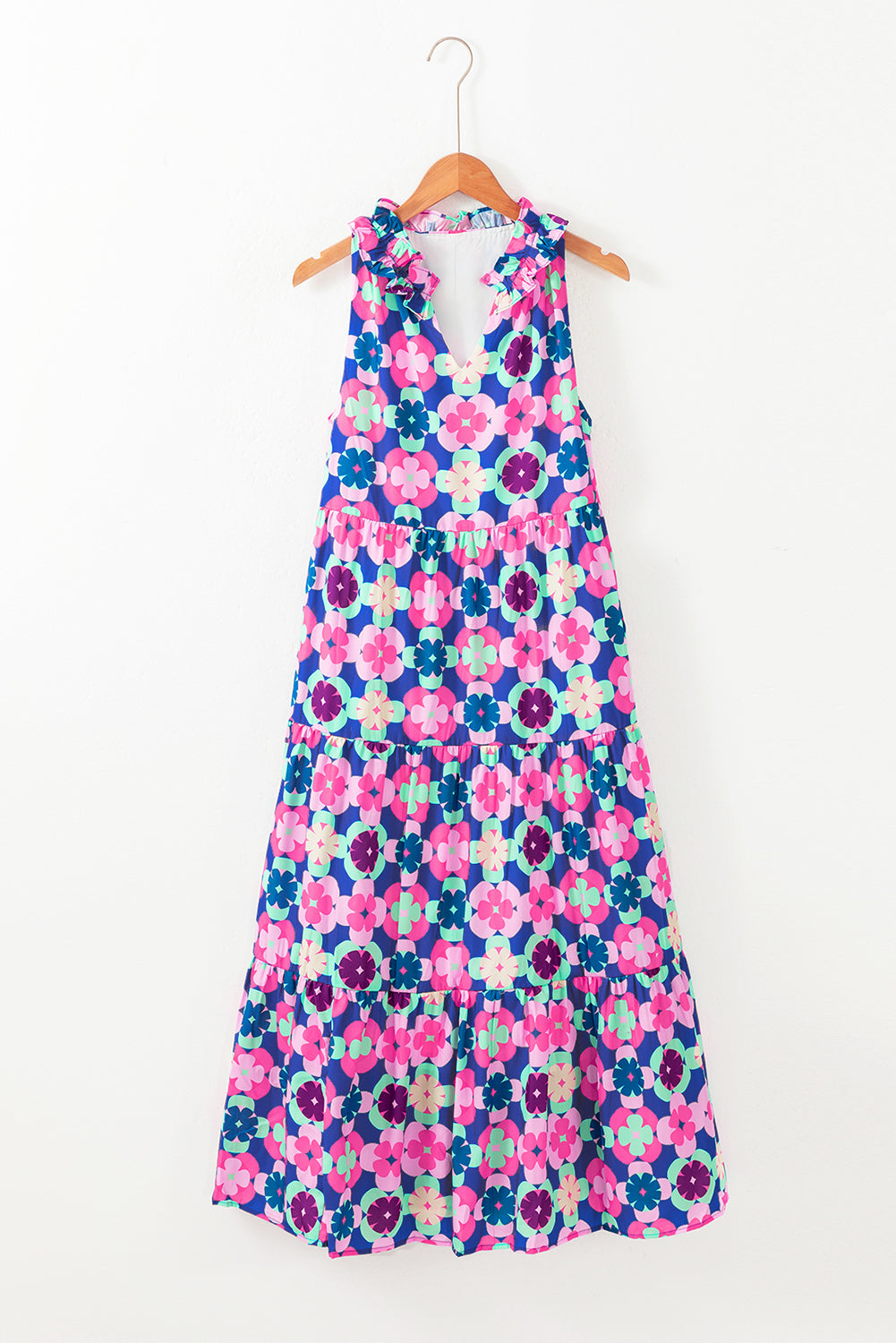 Sky Blue 60s Flower Split Neck Sleeveless Tiered Maxi Dress