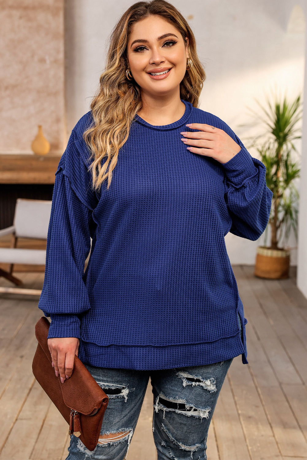 Dark Blue Waffle Knit Exposed Seam Patchwork Plus Size Top