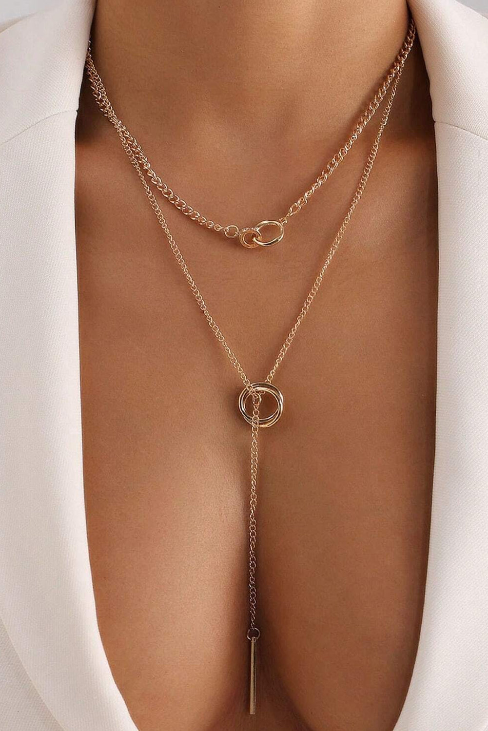 Gold Plated Double Layer O-Ring Long Stick Pendant Chain Necklace