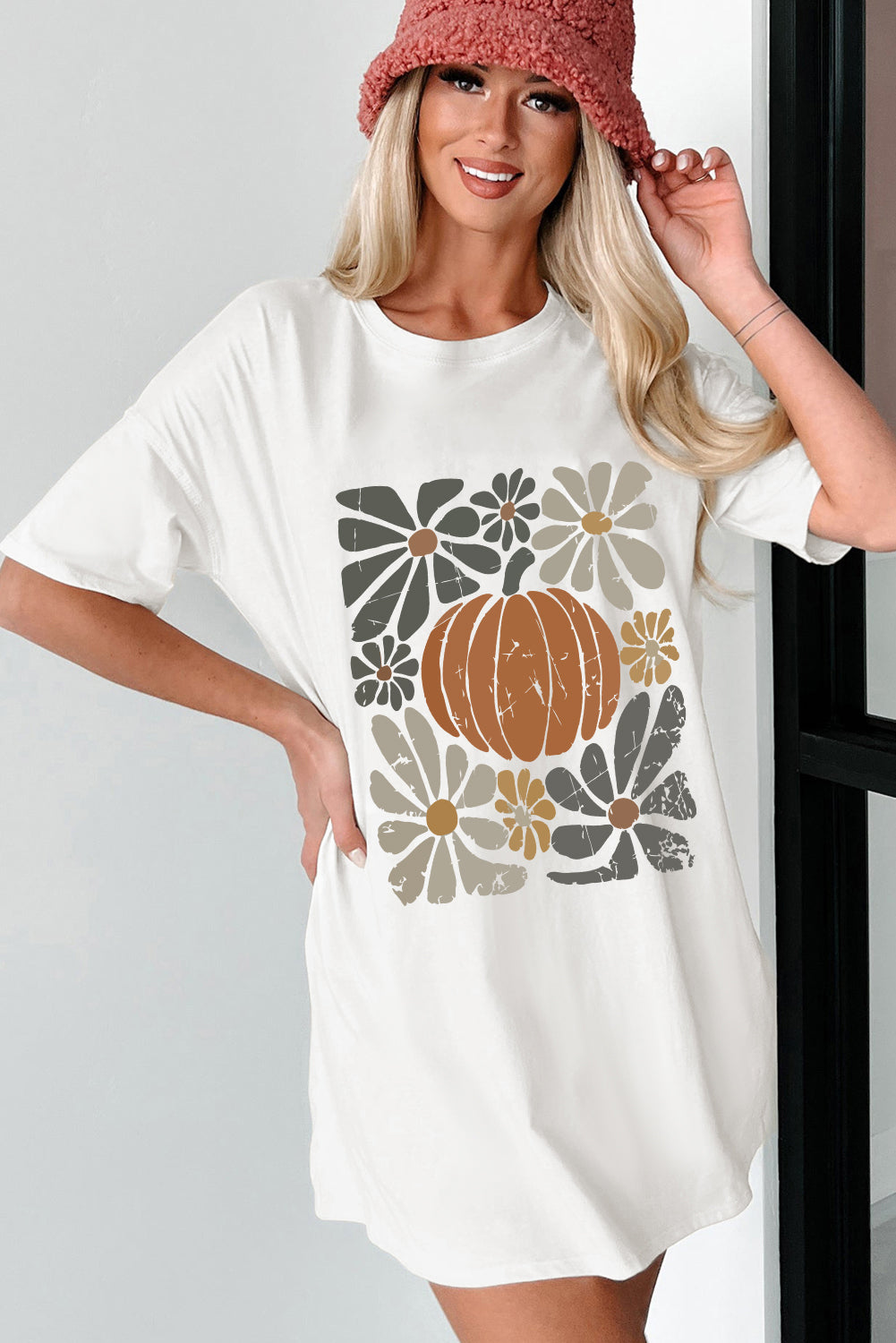 White Thanksgiving Pumpkin Floral Print Graphic Tee