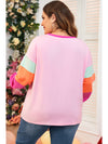 Pink Colorblock Long Sleeve Plus Size Top