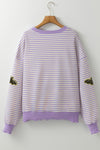 Purple Stripe Sequin Halloween Bat Patched Drop Shoulder Long Sleeve Top