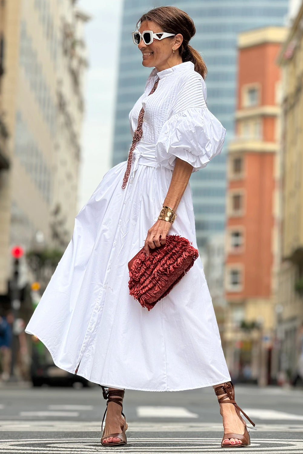 White Plain Puff Sleeve Pleated V Neck Maxi Dress