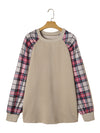 Apricot Plus Size Plaid Raglan Sleeve Crew Neck Sweatshirt