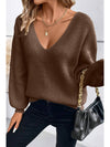 Coffee Lantern Sleeve V Neck Knot Back Sweater