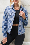 Light Blue Checkered Patchwork Button Up Denim Jacket