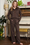 Black Ribbed Henley Shirt and Wide Leg Pants Loungewear Set