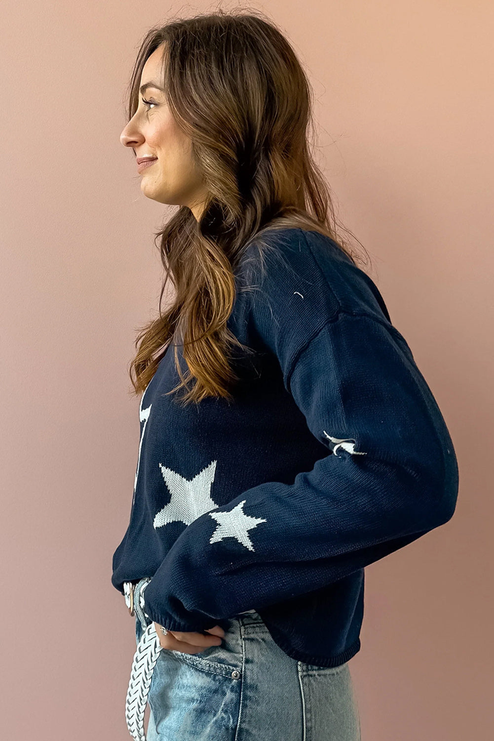 Sail Blue Star Print Drop Sleeve Cable Knit Sweater