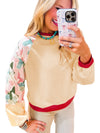 Beige Bowknot Print Patchwork Raglan Sleeve Top