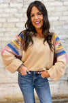 Light French Beige Geometric Patchwork Raglan Sleeve Pullover Sweatshirt