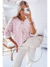 Light Pink Checkered Knitted Lace-up Ruffled 3/4 Sleeve Cardigan