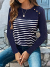 Decorative Button Striped Round Neck Long Sleeve T-Shirt - Cocoa Yacht Club