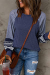 Brown Contrast Print Striped Raglan Long Sleeve Loose Top