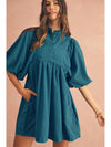 Light Blue Snap Button Empire Waist Lantern Sleeve Corduroy Dress