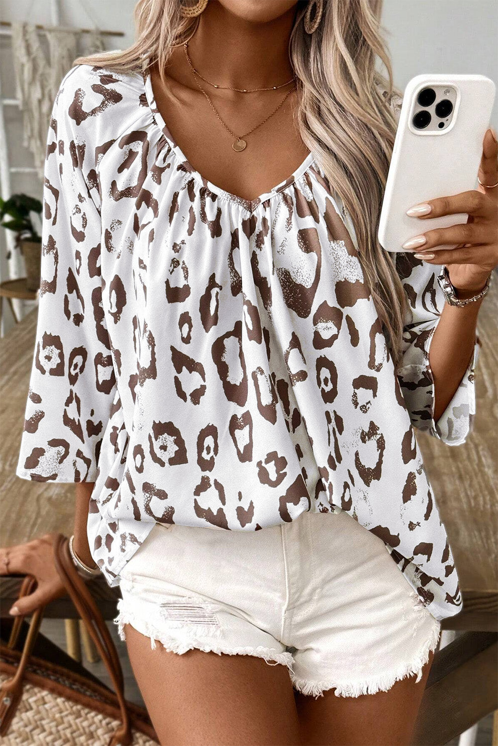 Rose Leopard Print V Neck 3/4 Sleeve Blouse