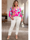 Pink Plus Size Graffiti Print Split Neck Puff Sleeve Blouse