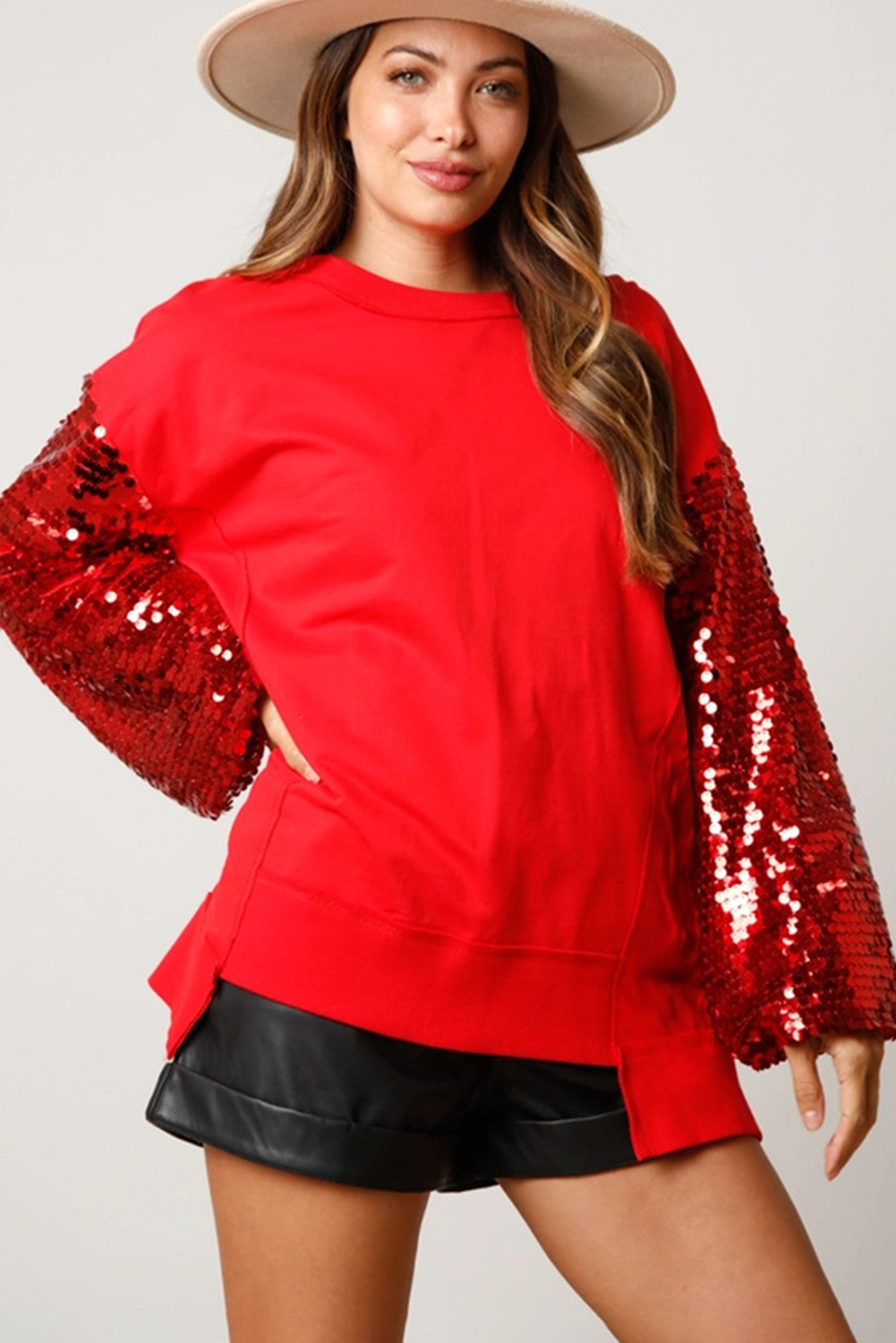 Fiery Red Christmas Sequin Lantern Sleeve Sweatshirt