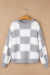 Gray Checkered Bishop Sleeve Pullover Sweater