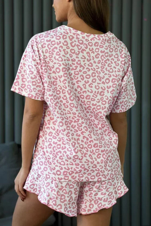 Pink Leopard Print Round Neck Top and Ruffle Trim Shorts Two Piece Pajama Set