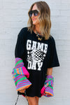 Black GAME DAY Checkerboard Rugby Helmet Printed Tunic T Shirt - Cocoa Yacht Club