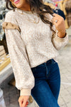 Khaki Ribbed Trim Ruffle Detail Leopard Round Neck Sweatshirt