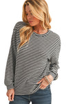 Black Striped Round Neck Drop Shoulder Long Sleeve Top