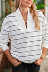 White Striped Zipper V-Neck Drop Sleeve Top