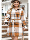 Khaki Plus Size Plaid Flounce Sleeve Button Up Shirt Dress