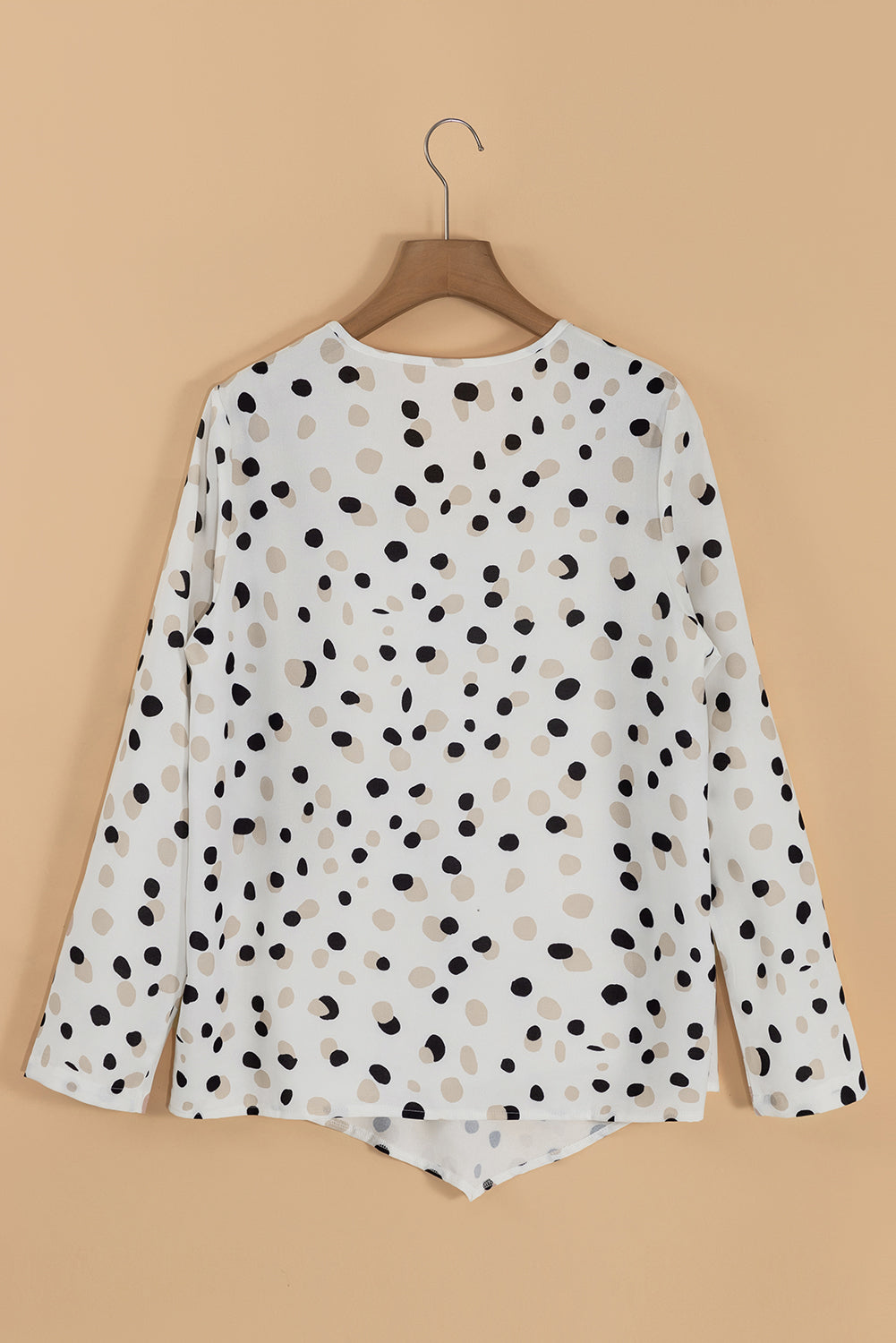 White Dotted Print V Neck Long Sleeve Blouse