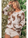 White Animal Print Drop Sleeve Pullover Sweatshirt