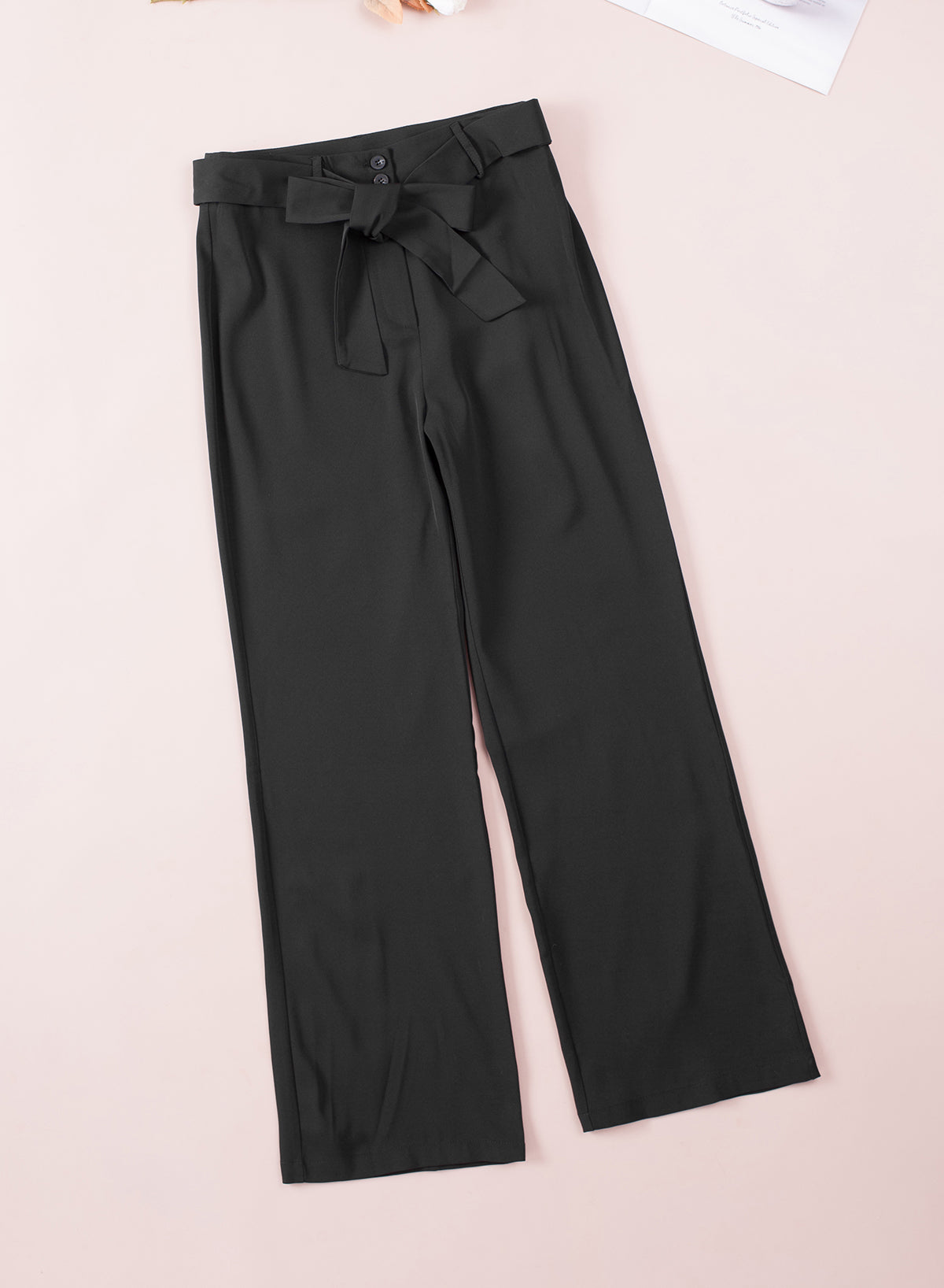 Black Casual Belted Wide Leg High Waisted Pants